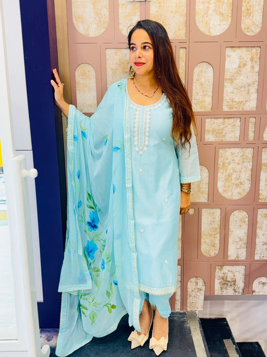 Light Blue Cotton Stitched Suit with Tulip Pants & Floral Dupatta