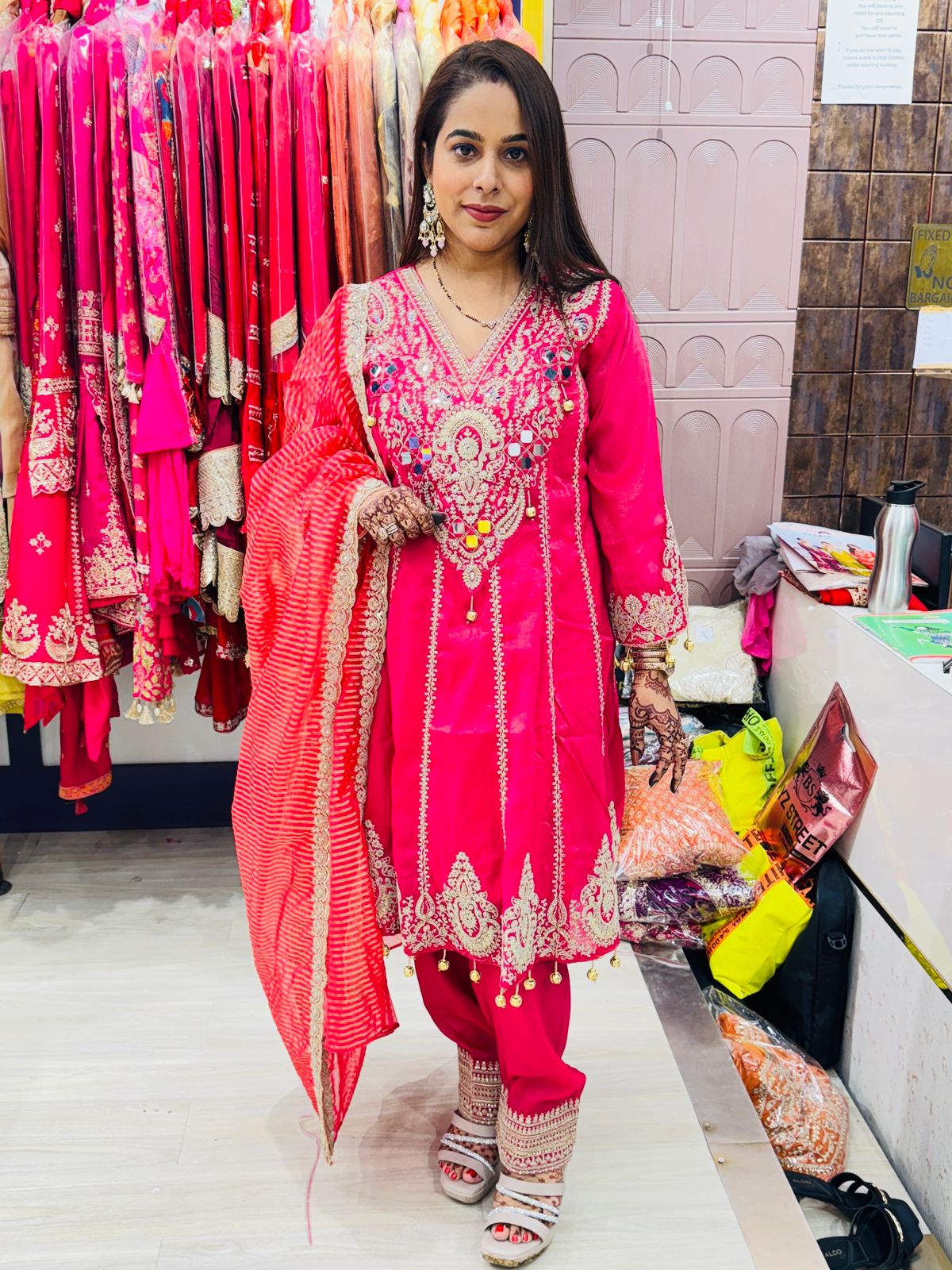 "Aarzoo"- 3 Piece Multicolour Detailing Hot Pink Suit Set with Contrasting Dupatta