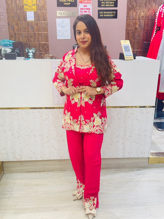 3-Piece Co-ord Set with Heavy Embroidered Jacket