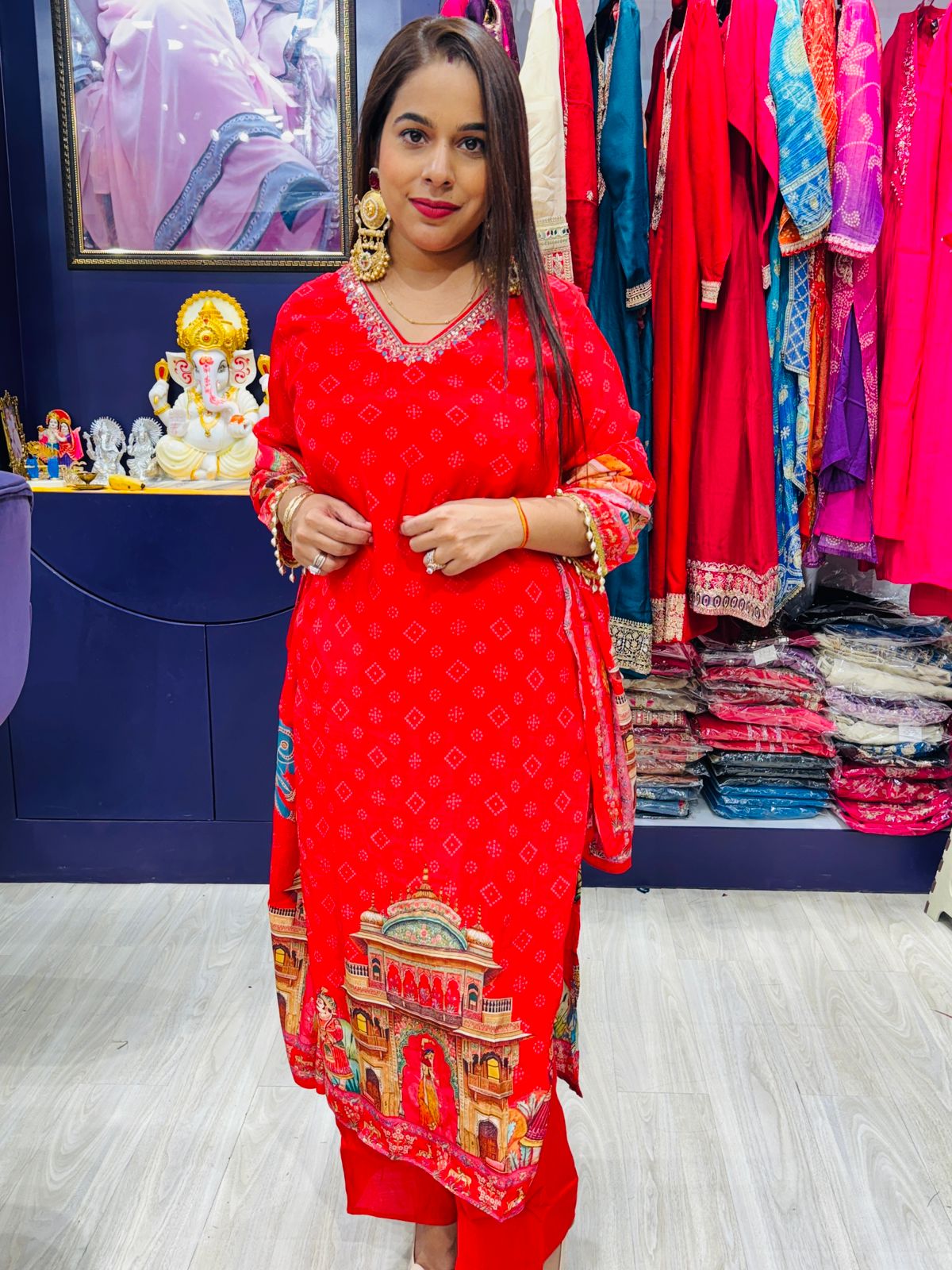 "Reyna"- Red Heritage Print Stitched Suit with Royal Dupatta