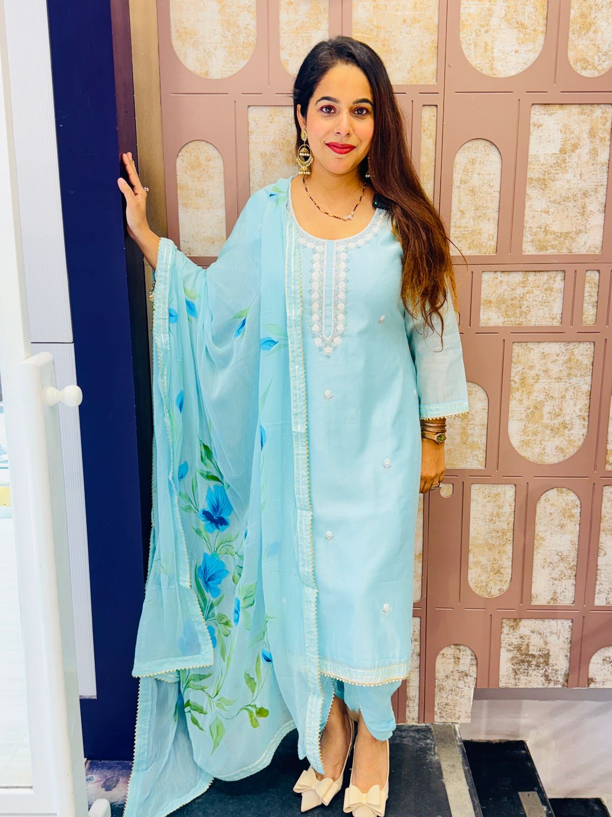 Light Blue Cotton Stitched Suit with Tulip Pants & Floral Dupatta