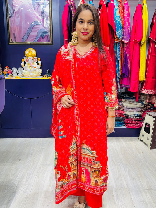 "Reyna"- Red Heritage Print Stitched Suit with Royal Dupatta