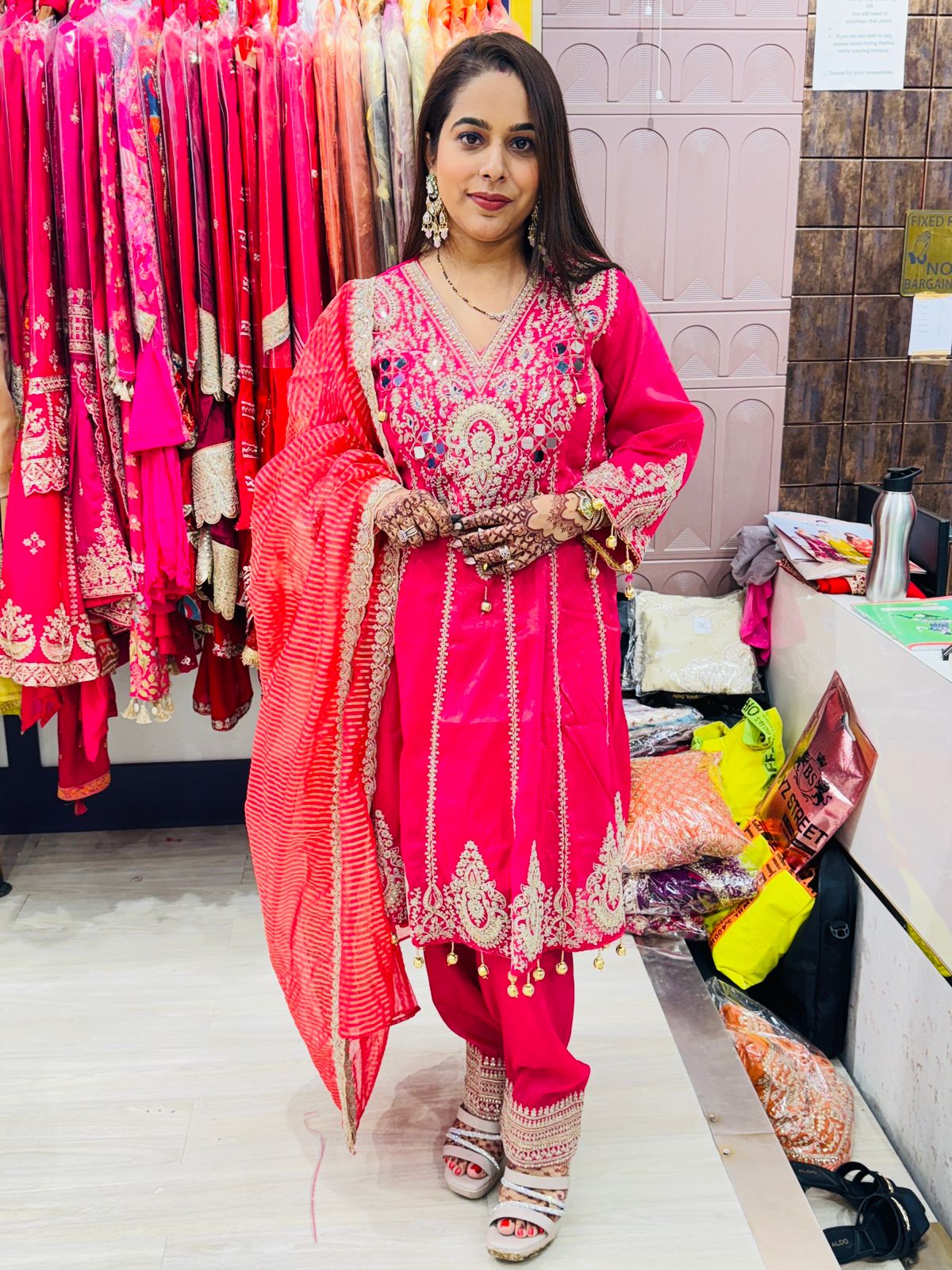 "Aarzoo"- 3 Piece Multicolour Detailing Hot Pink Suit Set with Contrasting Dupatta