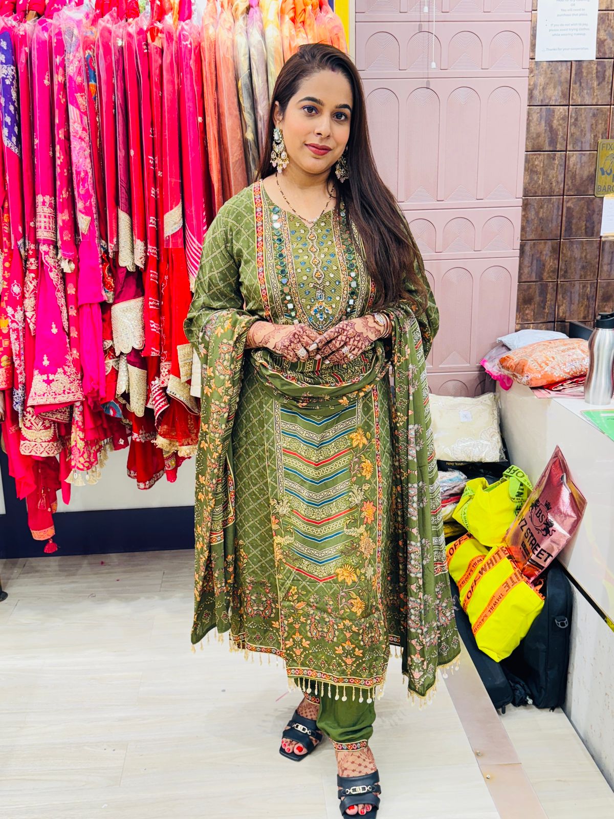 "Zehn"- 3 Piece Multicolour Embroidered Detailing Mehendi Green Suit Set with Dupatta