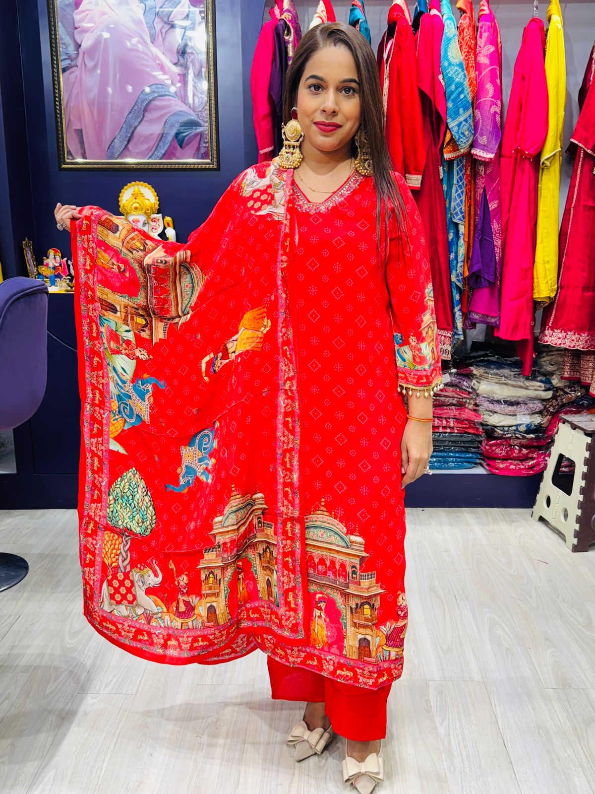"Reyna"- Red Heritage Print Stitched Suit with Royal Dupatta