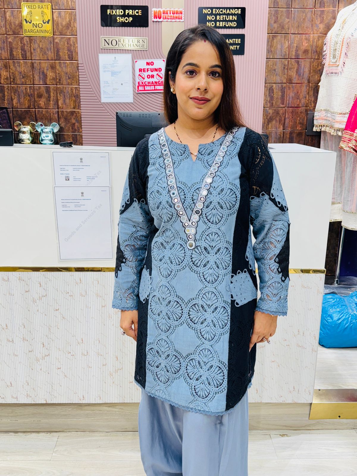 Denim-Style Lace Cutwork Co-ord Set with Mirror Detailing