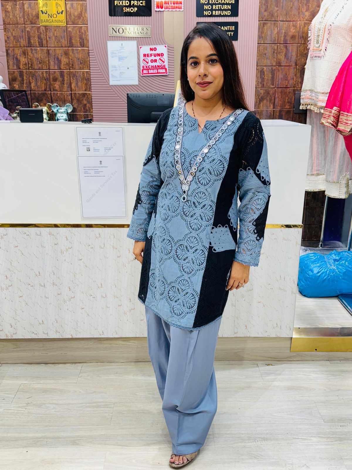 Denim-Style Lace Cutwork Co-ord Set with Mirror Detailing