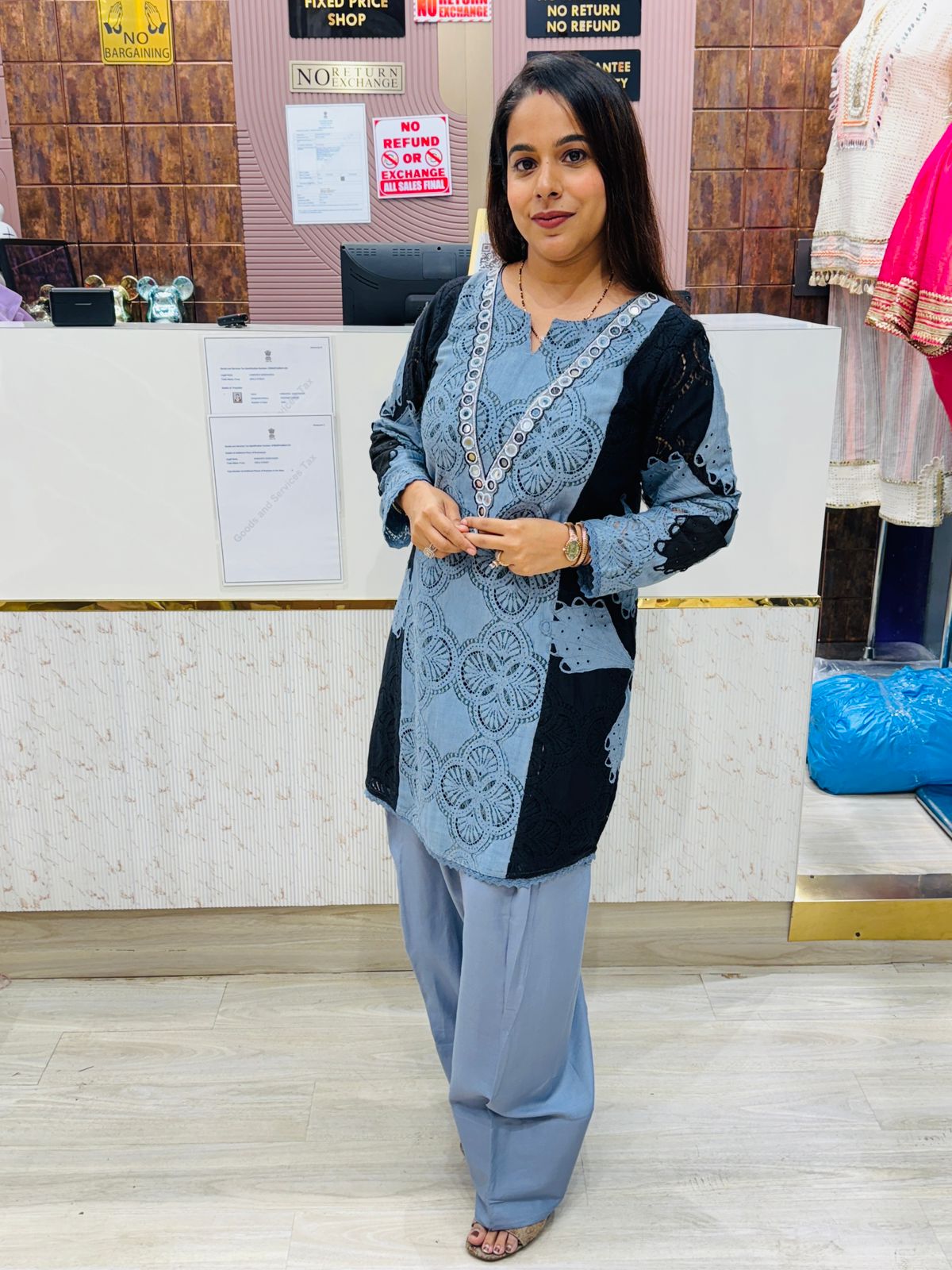 Denim-Style Lace Cutwork Co-ord Set with Mirror Detailing