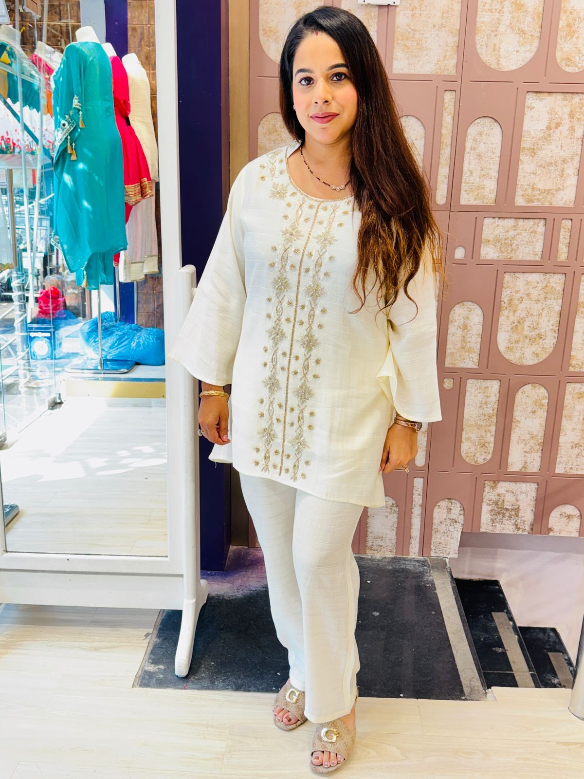 Elegant Off-White Cotton Co-ord Set with Subtle Hand Embroidery
