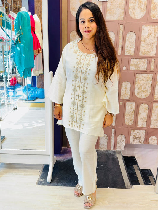 Elegant Off-White Cotton Co-ord Set with Subtle Hand Embroidery