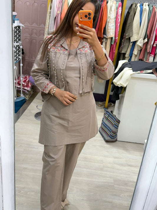 "Zeva" - Taupe Embellished Coord Set with Jacket
