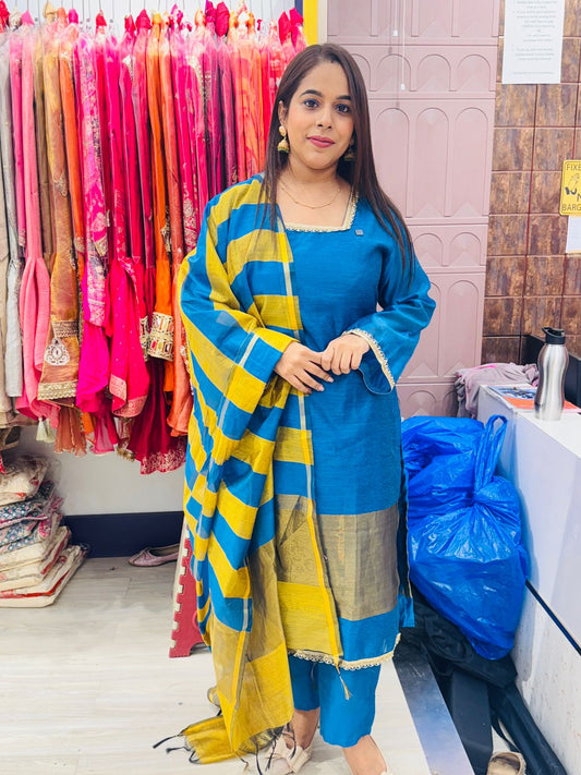 "Zariyah"- 3 Piece Suit Set with Broad Strips Zari Work Dupatta (Available in 2 Variants)