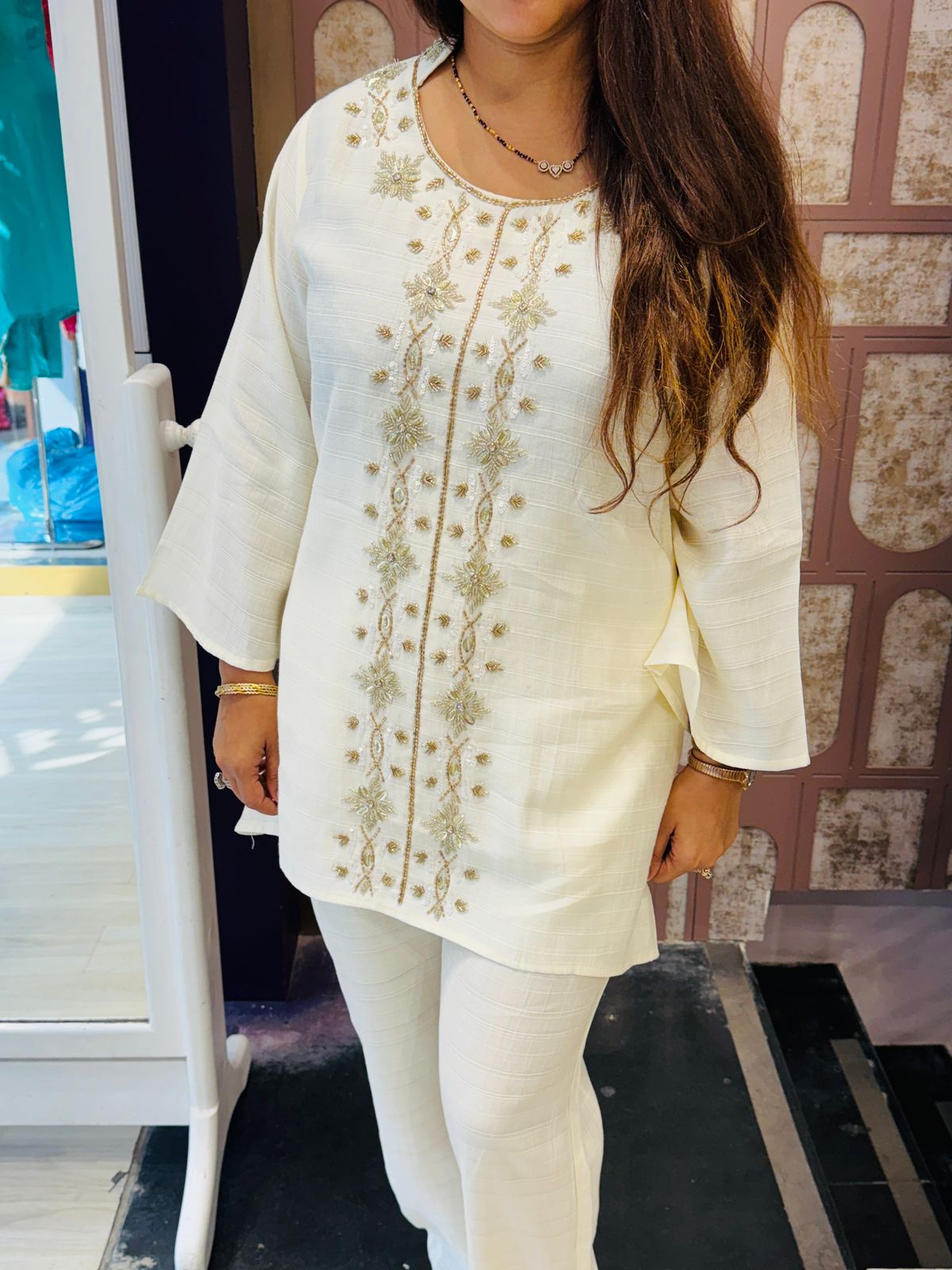 Elegant Off-White Cotton Co-ord Set with Subtle Hand Embroidery