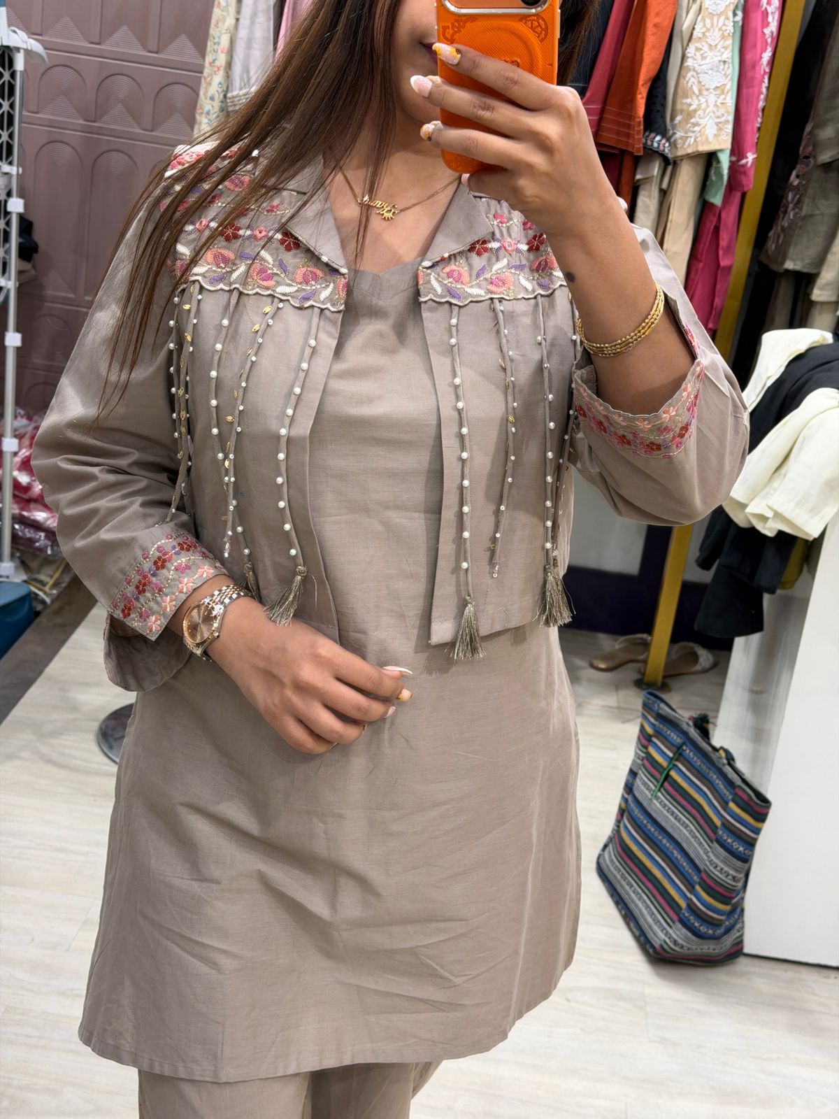 "Zeva" - Taupe Embellished Coord Set with Jacket