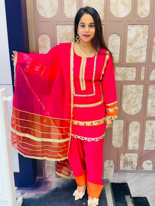 Hot Pink Pure Crepe Stitched Suit with Golden Embroidery & Dupatta
