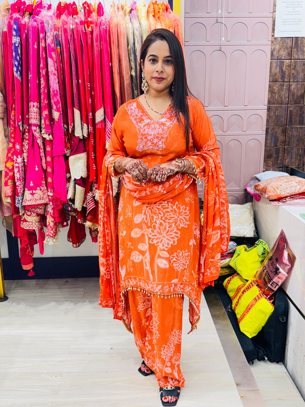 "Zohra"- 3 Piece Designer Suit Set with Dupatta & Tassel Detailing in Vibrant Orange