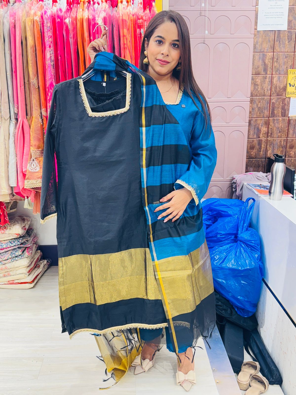 "Zariyah"- 3 Piece Suit Set with Broad Strips Zari Work Dupatta (Available in 2 Variants)