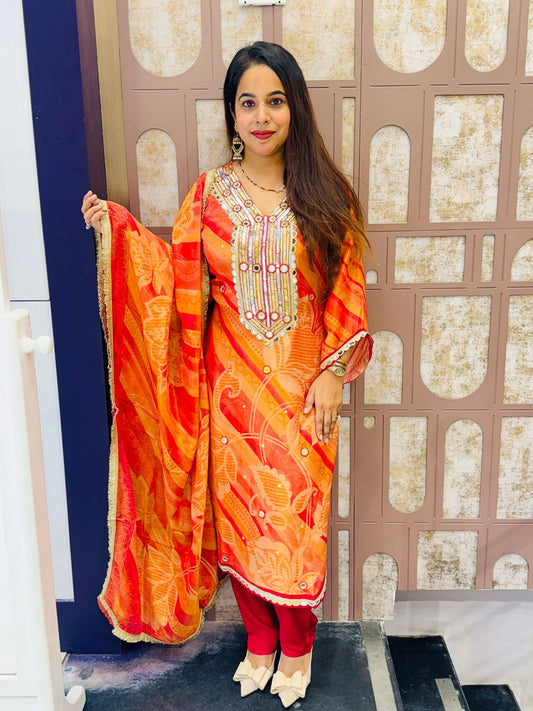 Vibrant Orange & Red Pure Crepe Stitched Suit with Dupatta