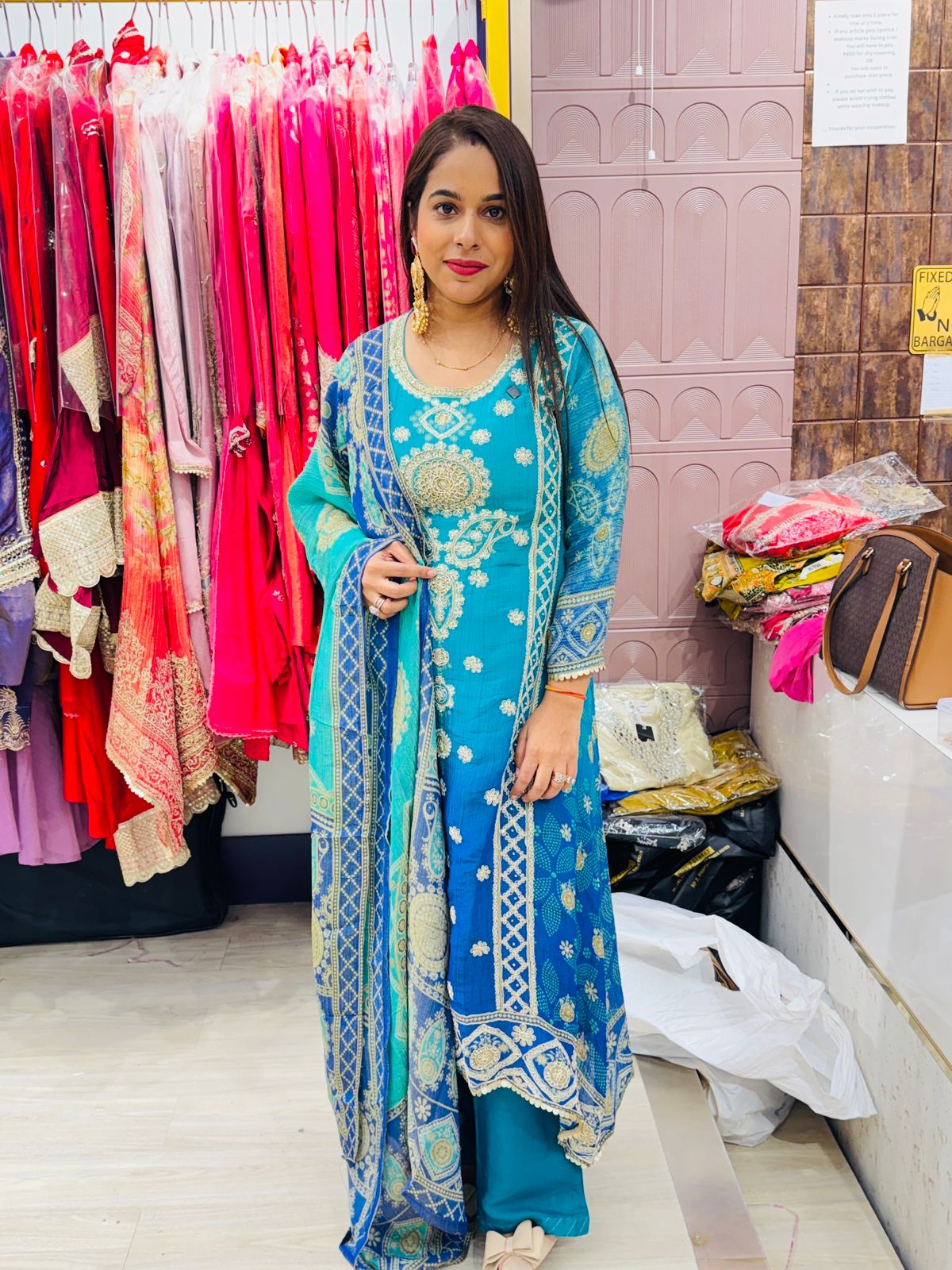 "Nyra"- Teal Blue Embroidered Suit with Contrasting Dupatta