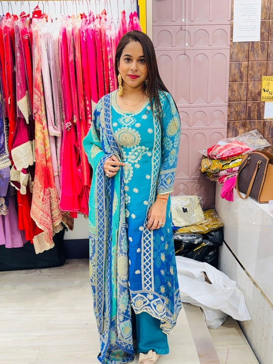 "Nyra"- Teal Blue Embroidered Suit with Contrasting Dupatta