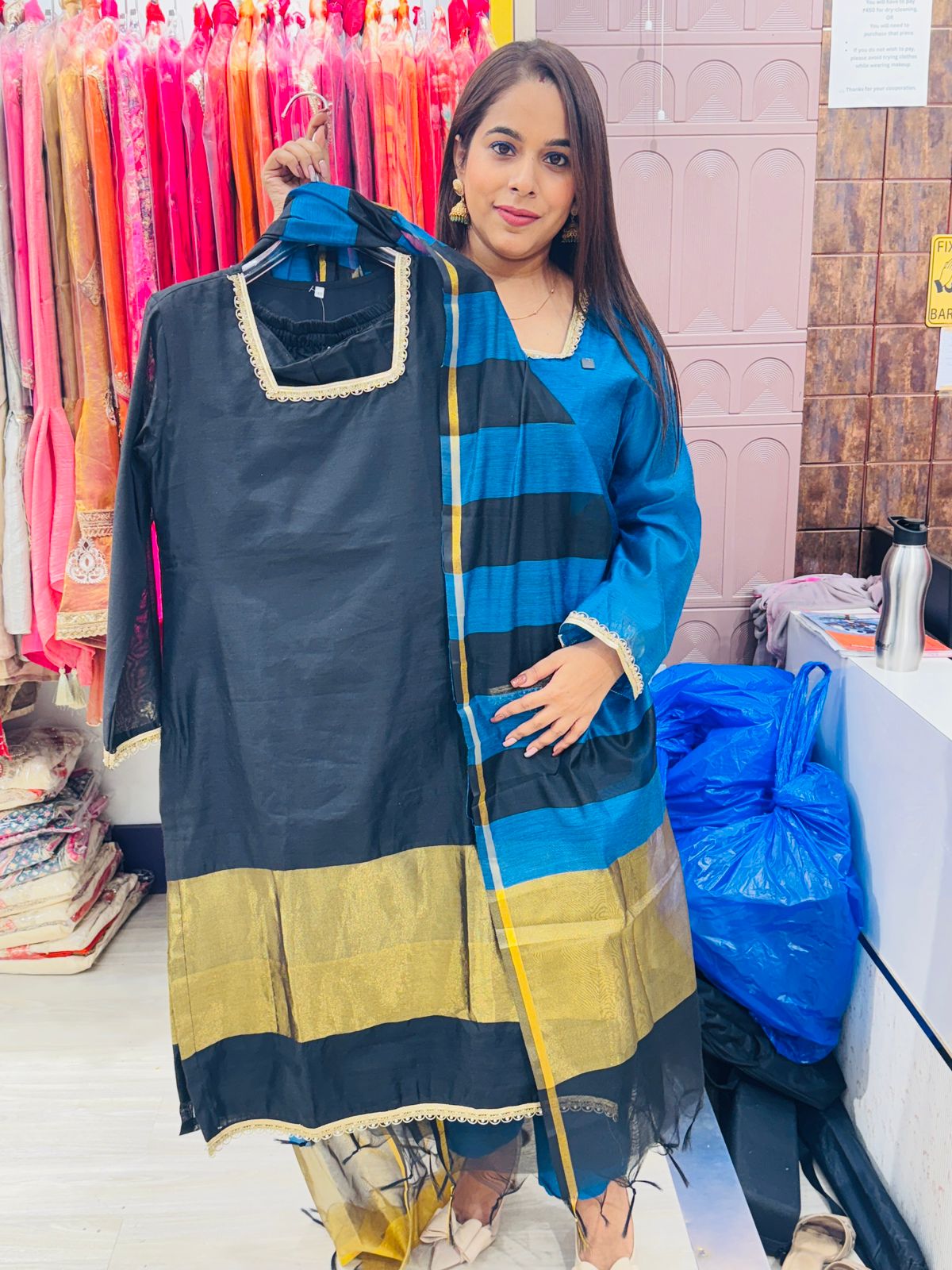 "Zariyah"- 3 Piece Suit Set with Broad Strips Zari Work Dupatta (Available in 2 Variants)