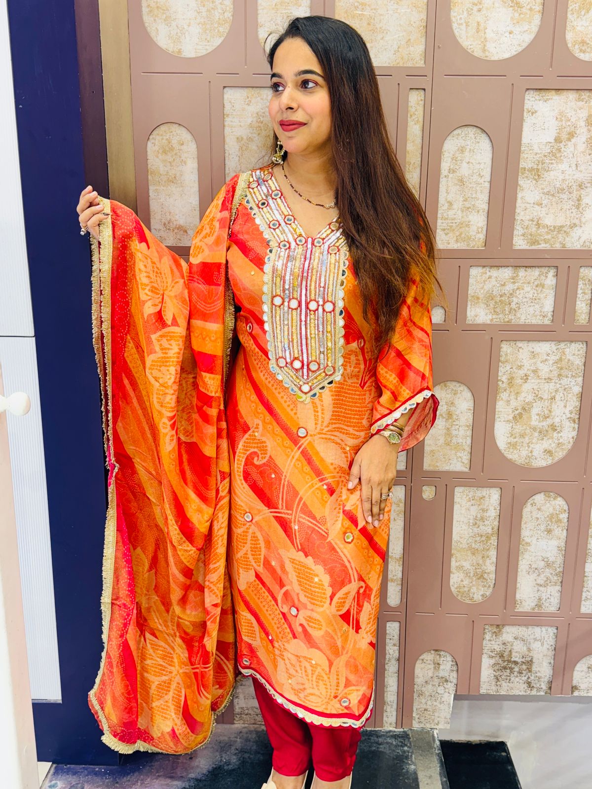 Vibrant Orange & Red Pure Crepe Stitched Suit with Dupatta