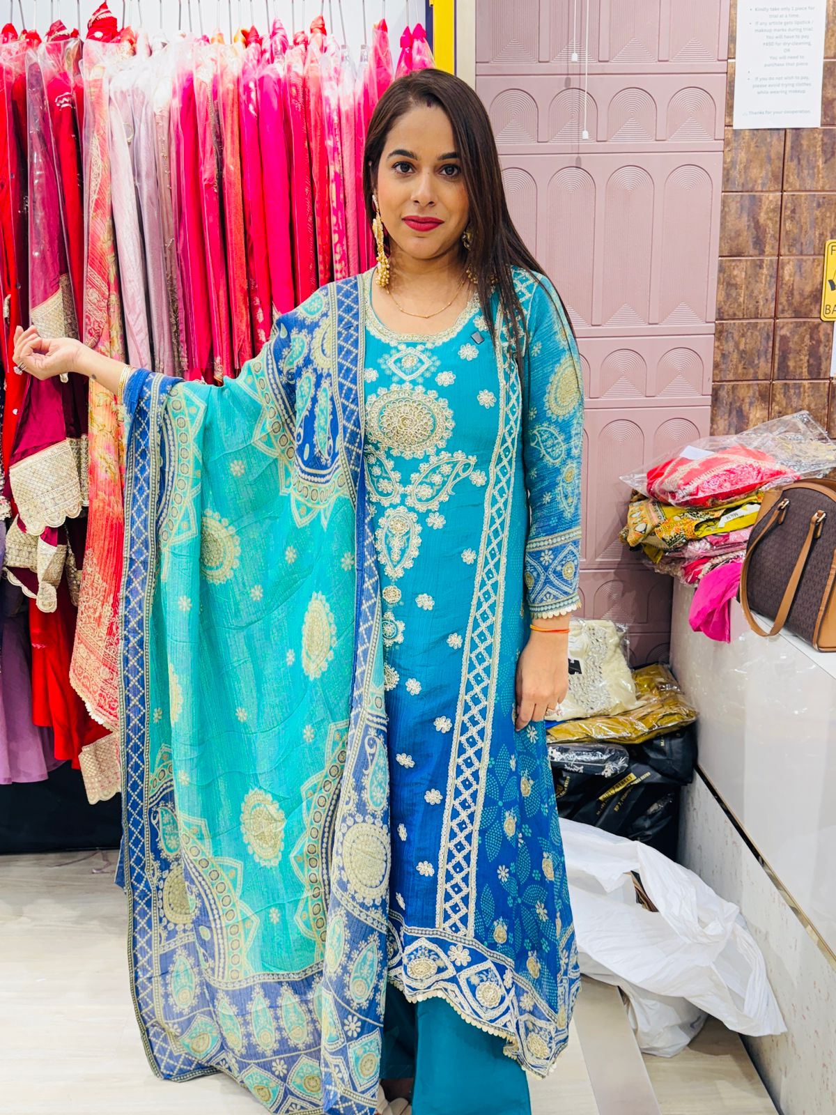 "Nyra"- Teal Blue Embroidered Suit with Contrasting Dupatta