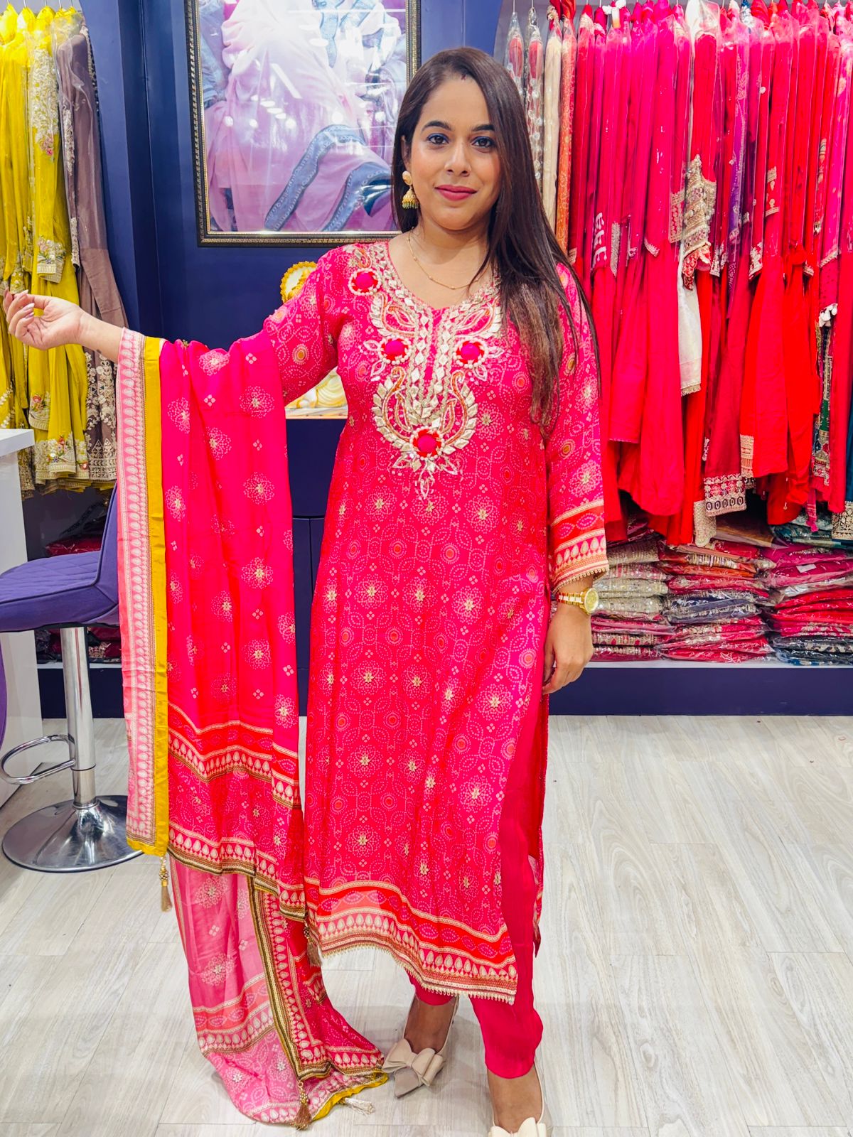 "Shehnai"- 3 Piece Hot Pink Golden Embroidered Suit Set