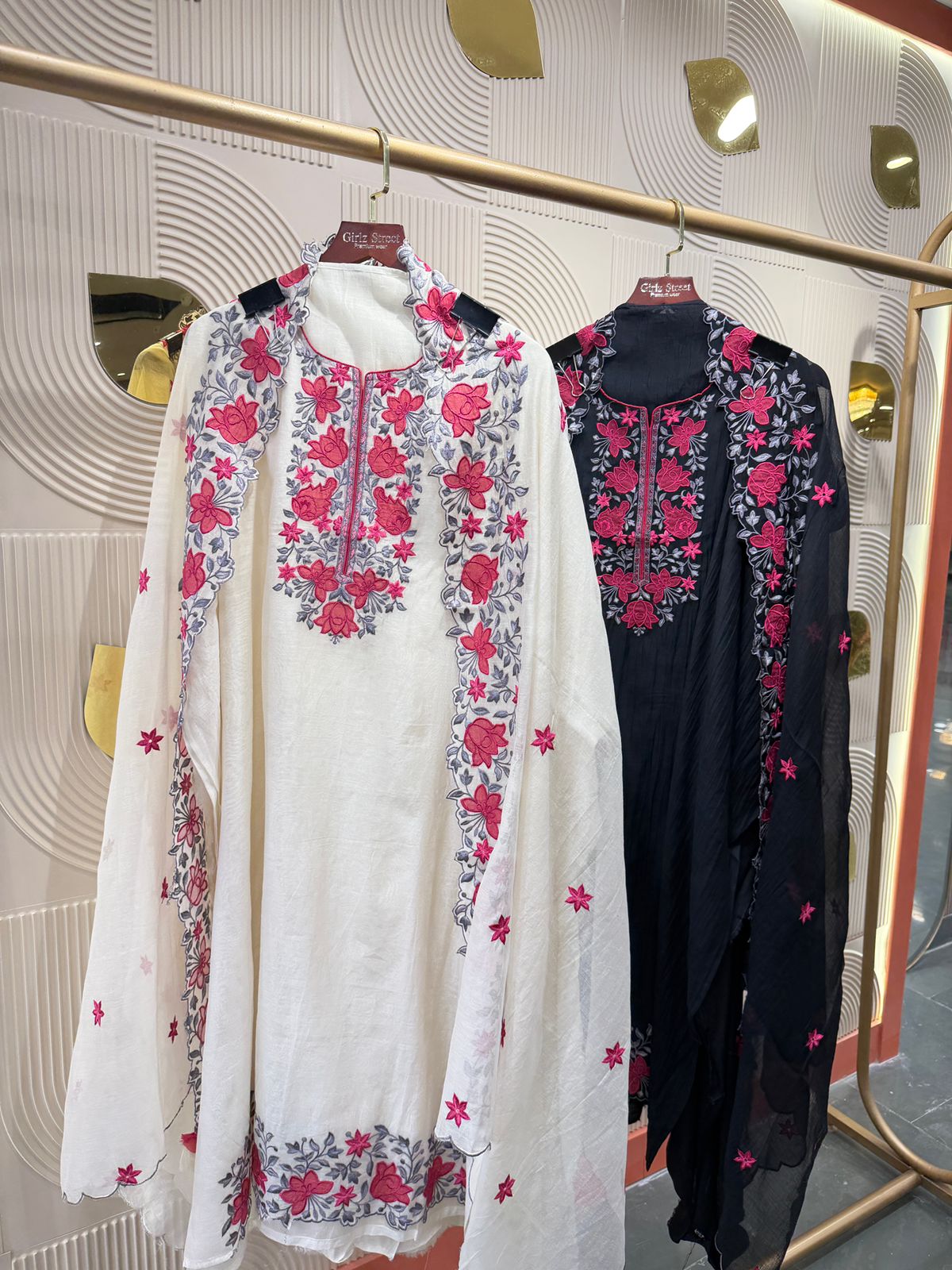 "Phool" - Premium Mul Cotton Unstitched Suit Set with Floral Embroidery (Available in 2 Colours)