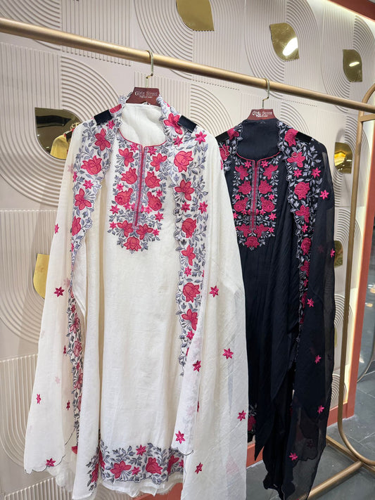 "Phool" - Premium Mul Cotton Unstitched Suit Set with Floral Embroidery (Available in 2 Colours)