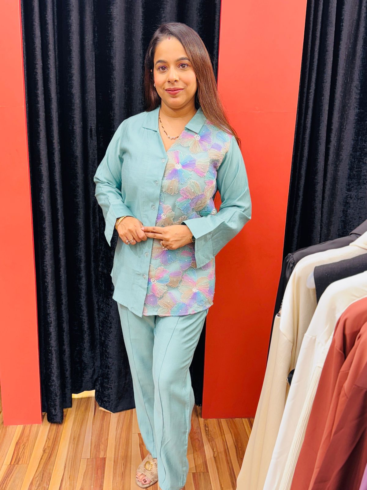 Pastel Blue Cotton Co-ord Set with Abstract Sequin Embellishment