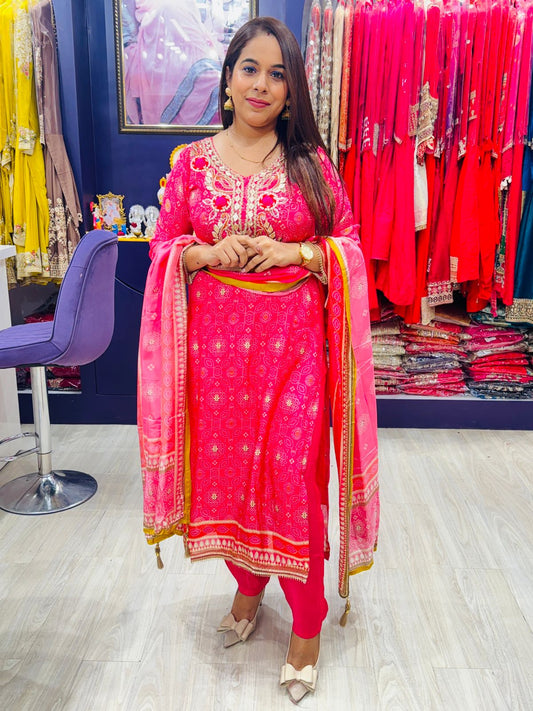 "Shehnai"- 3 Piece Hot Pink Golden Embroidered Suit Set