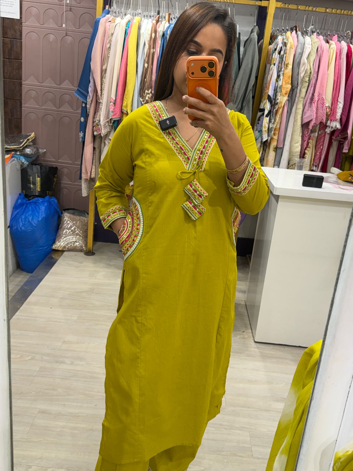 "Riva" - Lime Yellow Suit Set with Tie-Dye Dupatta