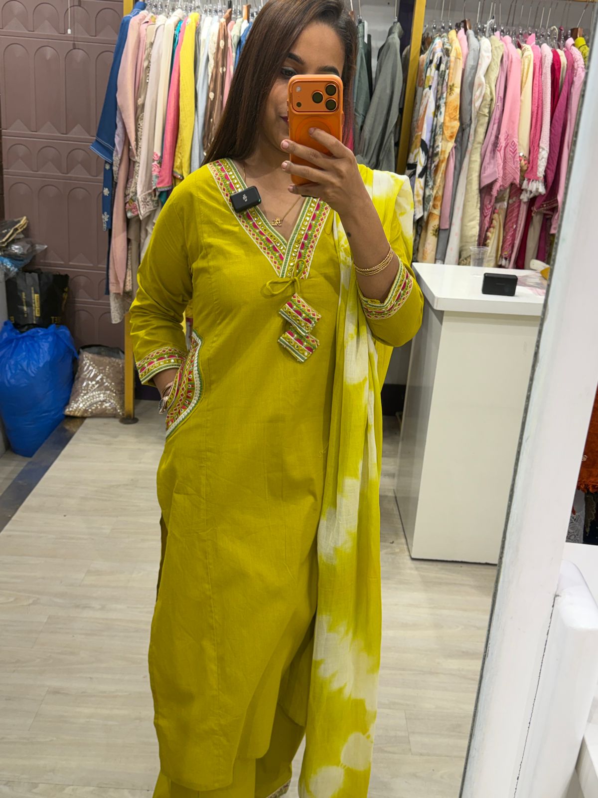 "Riva" - Lime Yellow Suit Set with Tie-Dye Dupatta