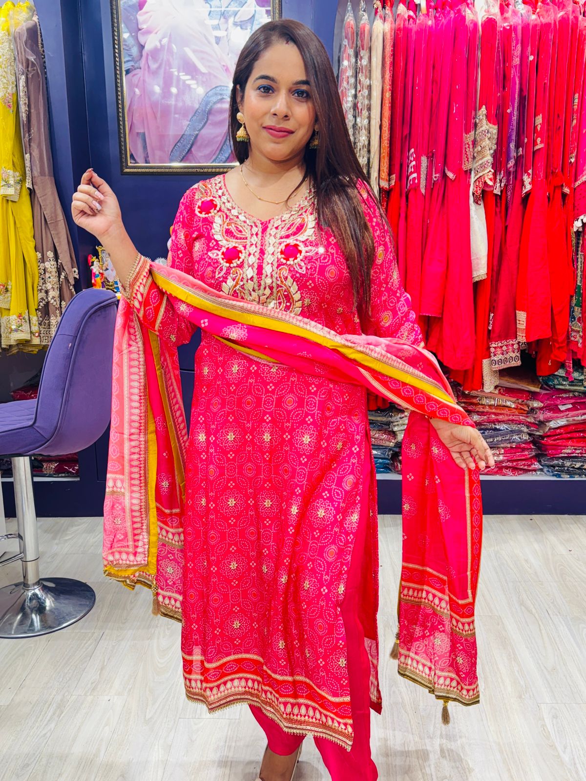"Shehnai"- 3 Piece Hot Pink Golden Embroidered Suit Set