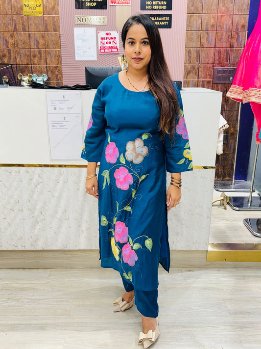 Blue Colour Kurta Set with Hand-Painted Floral Art