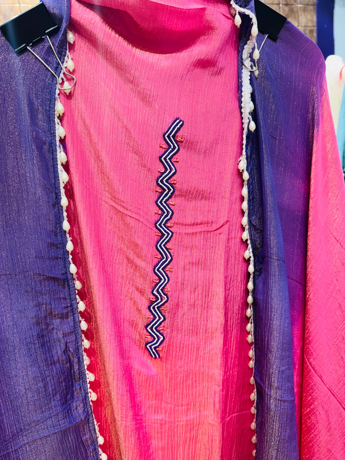 Purple-Pink Crushed Tissue Unstitched Suit with Embroidery