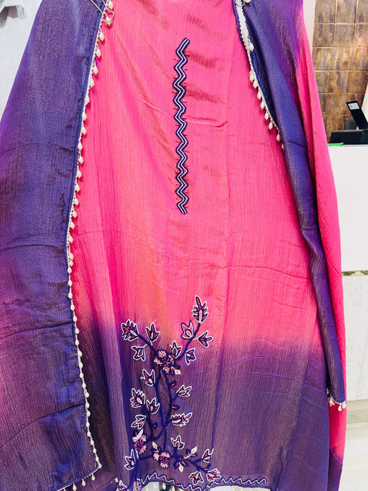 Purple-Pink Crushed Tissue Unstitched Suit with Embroidery