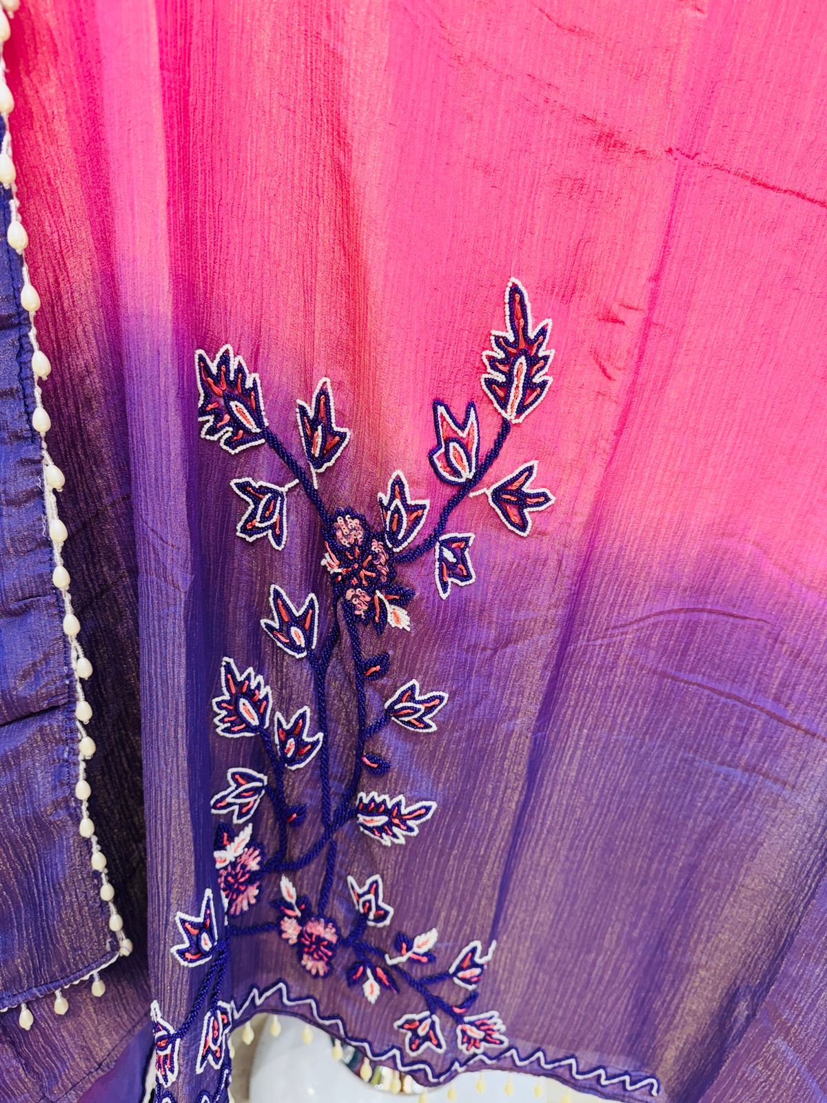 Purple-Pink Crushed Tissue Unstitched Suit with Embroidery