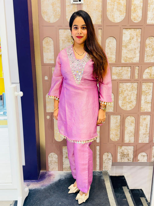 Lavender Pure Shimmer Tissue Co-ord Set with Mirror Work
