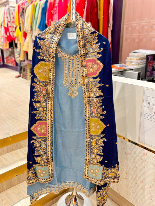 "Arwa"- Unstitched Suit Set with Tone-on-Tone Contrast Dupatta (Available in 3 Variants)