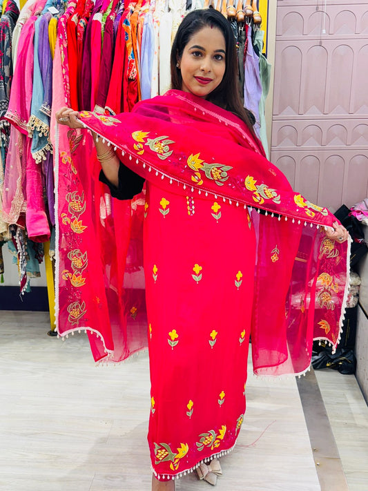 Bright Pink Unstitched Suit with Colorful Floral Embroidery & Dupatta