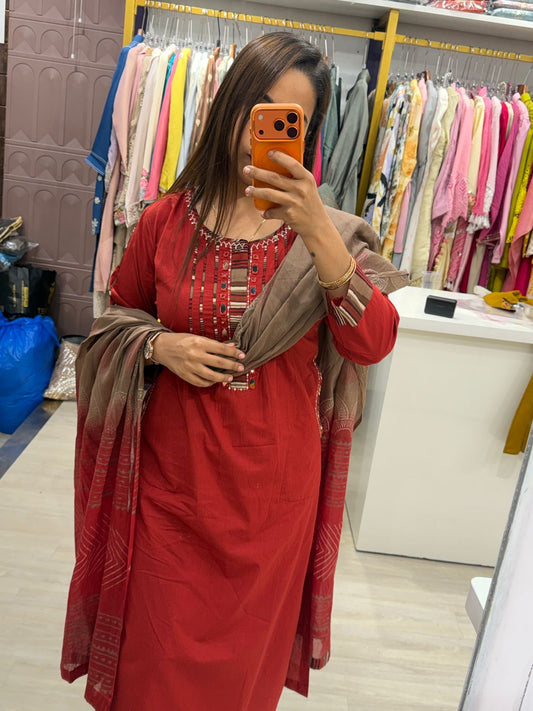 "Kesari" - Rust Red Suit Set with Pockets and Dual Shade Dupatta