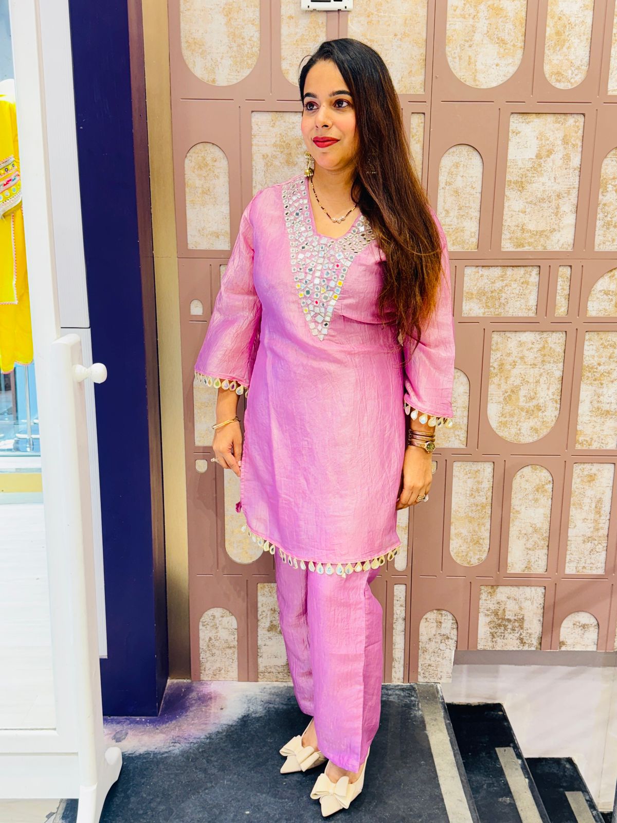 Lavender Pure Shimmer Tissue Co-ord Set with Mirror Work