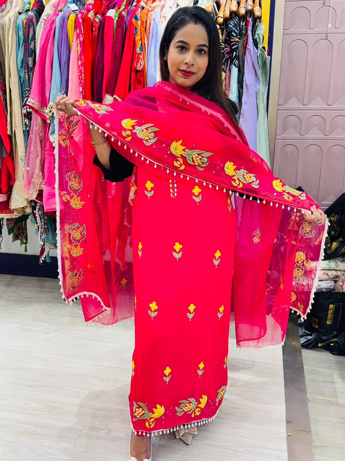 Bright Pink Unstitched Suit with Colorful Floral Embroidery & Dupatta