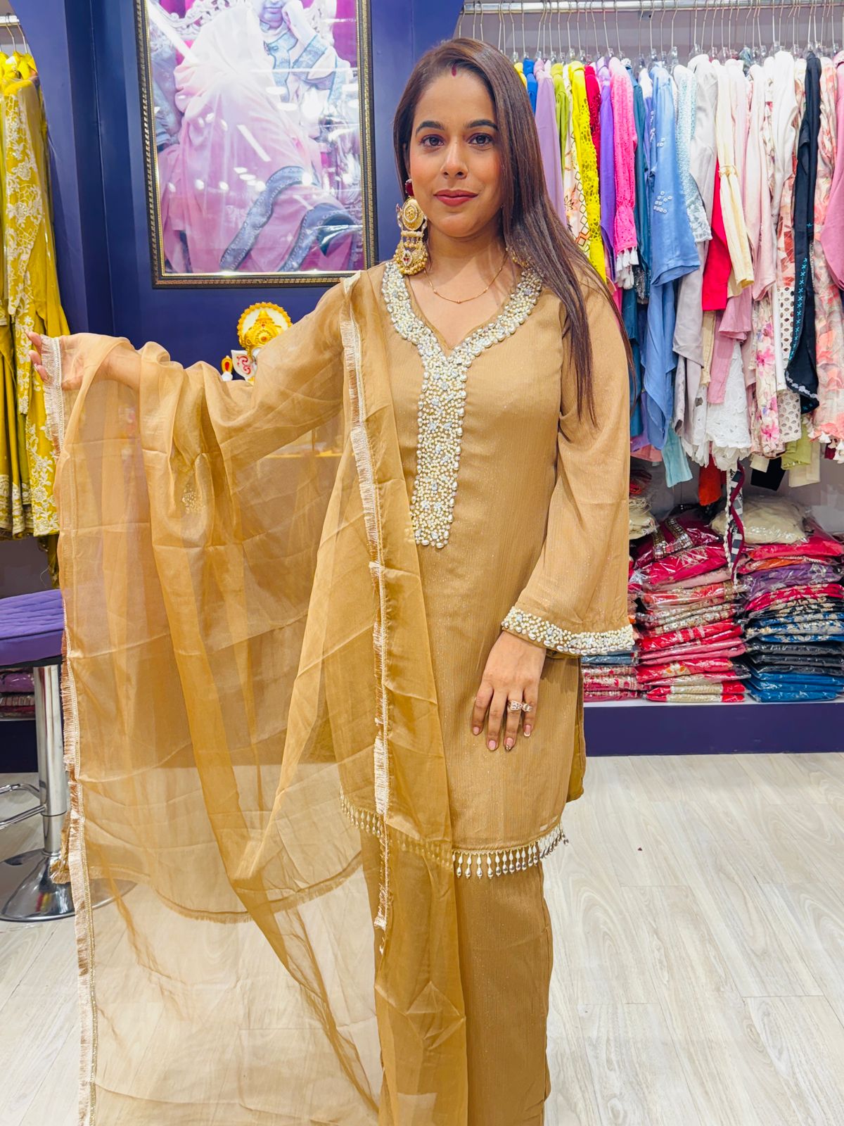 "Shahkaar"- 3 Piece Dark Beige Suit Set with Tassel Detailing