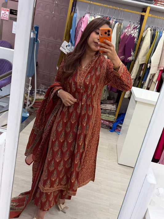 "Iraa" - Traditional Rust Ethnic Suit Set (3-Piece)