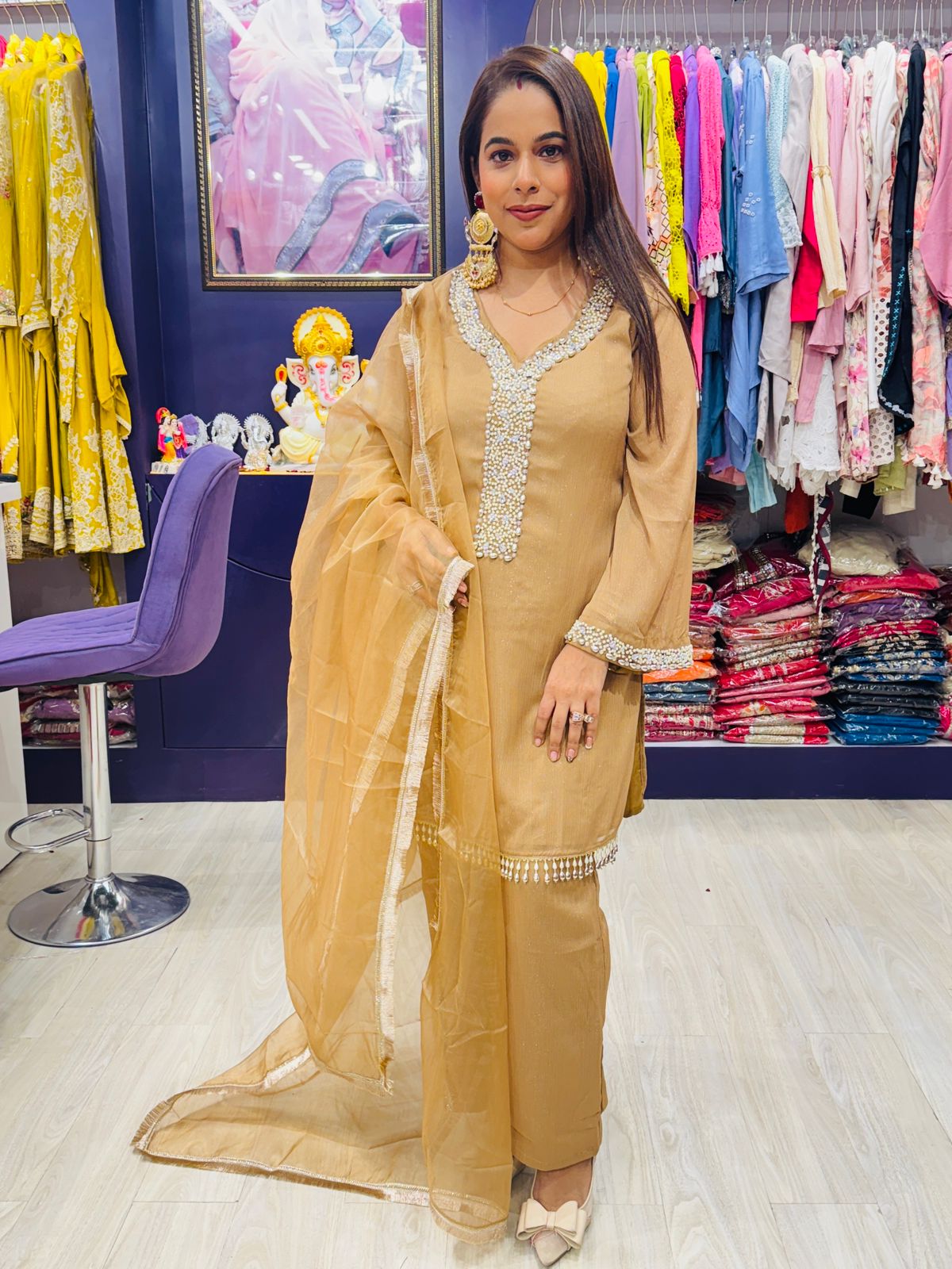 "Shahkaar"- 3 Piece Dark Beige Suit Set with Tassel Detailing