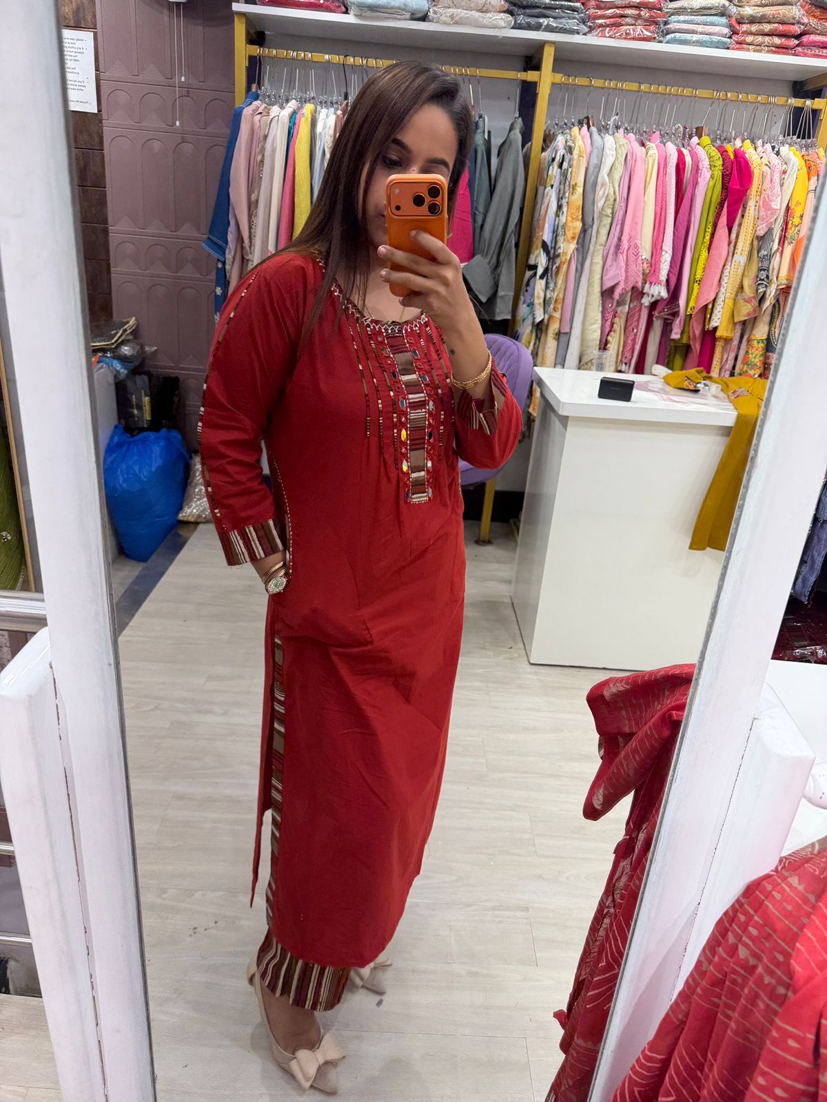 "Kesari" - Rust Red Suit Set with Pockets and Dual Shade Dupatta