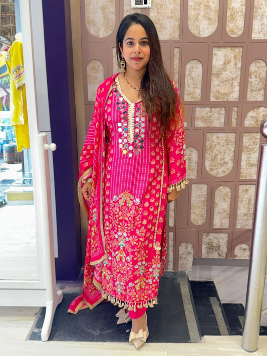 Hot Pink Floral Stitched Suit with Mirror Work Detailling